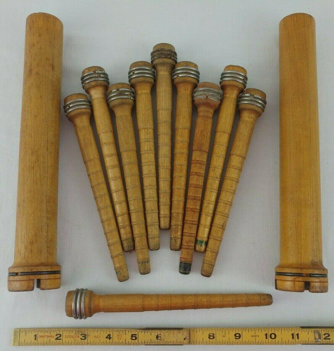 12 Antique Wood Metal Spindle Lot Spool Woolen Mill Primitive Industrial Textile