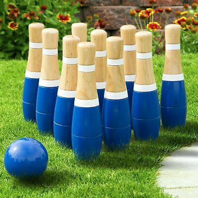 8 Inch Wooden Lawn Bowling Set With Mesh Bag 10 Pins Backyard Family Game